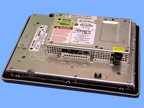 The back of a panelview plus showing the logic module and 2711P-RP1 display module